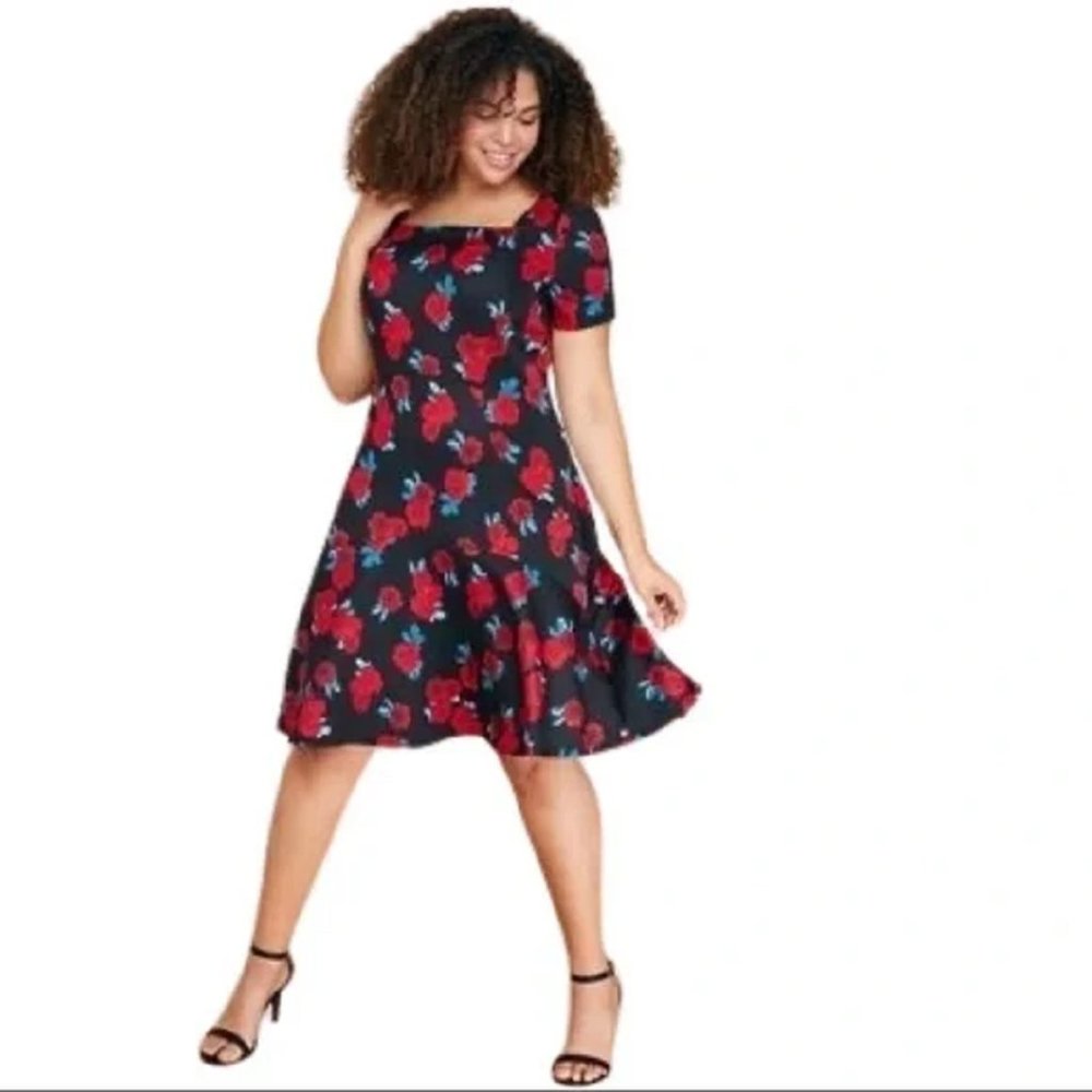 Plus Size 4X 28 Lane Bryant Fit Flare Scuba Rose Floral Print Dress!